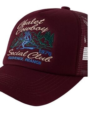 Anthropologie Worn/West Winter Trucker Hat Chalet Cowboy Social Club Maroon NWT